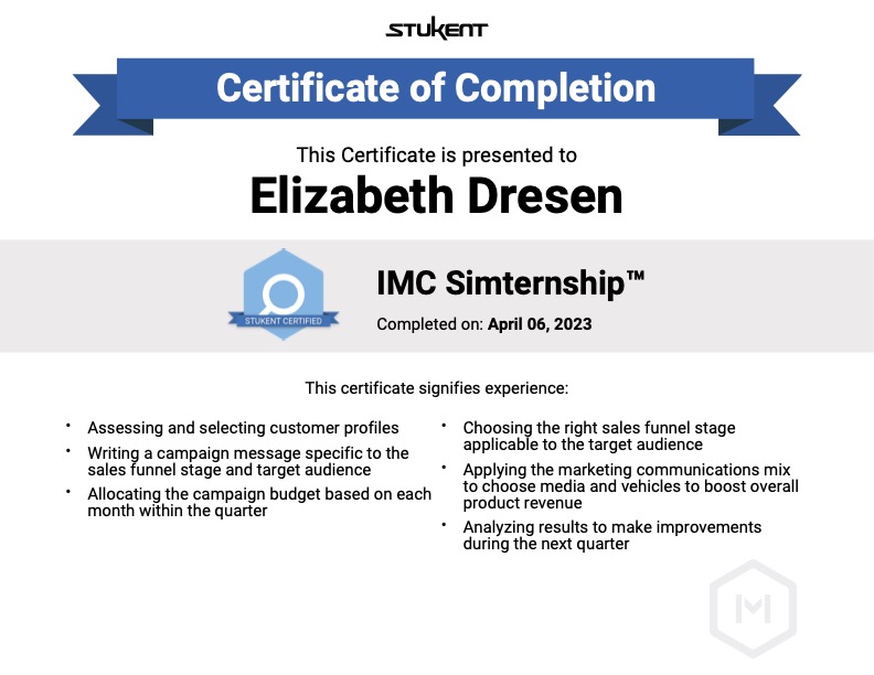 Stukent certification for IMC Simternship