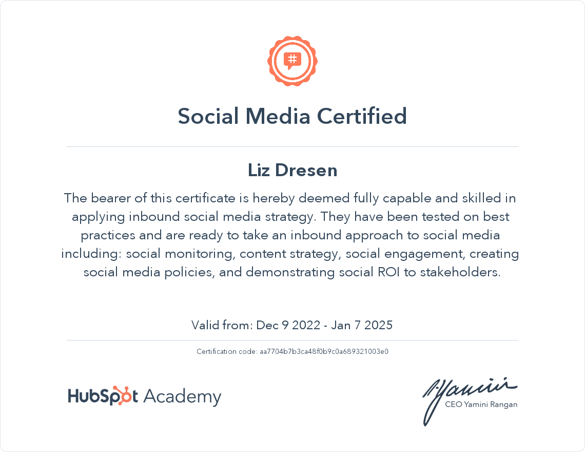 HubSpot certification for Social Media Marketing